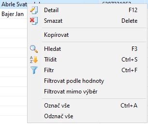 Kontextové menu v tabulce